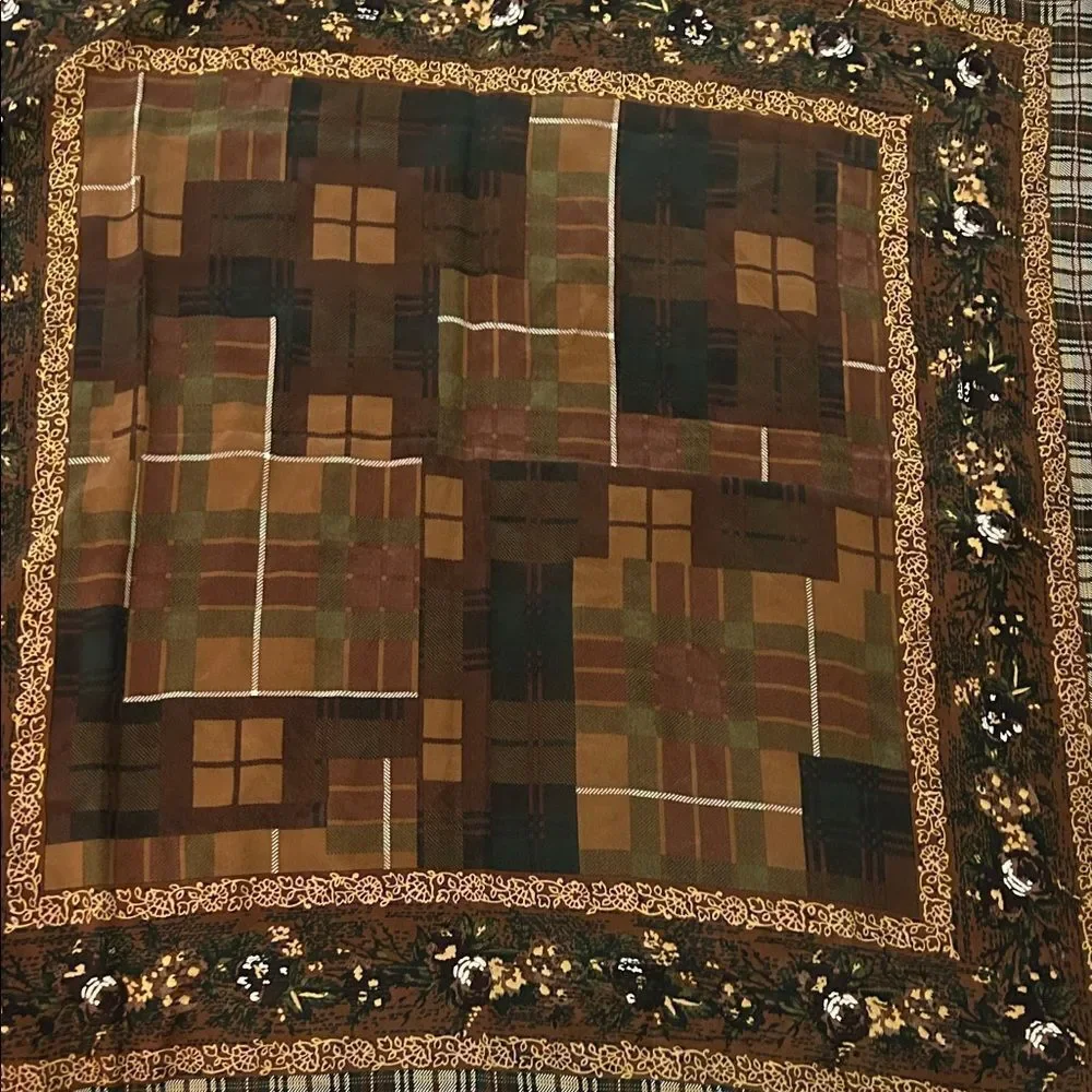 Jane Shilton pure silk, brown, large scarf Elegant Brown Patchwork floral scarf